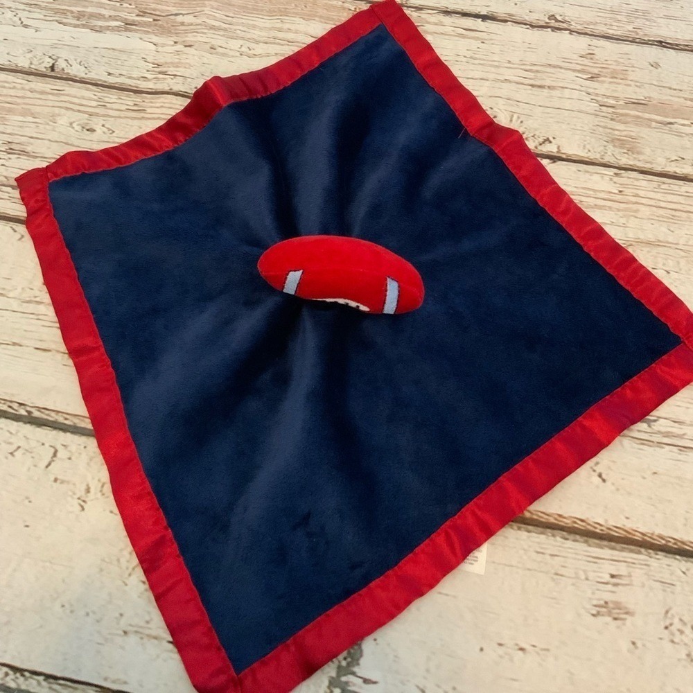 Baby Essentials Football Security Blanket Navy Blue Red Satin Trim Lovey Rattle